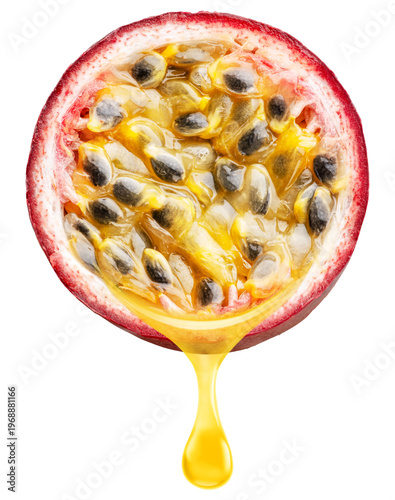 Half of passion fruit showing juicy pulp and seeds with a falling drop of juice, isolated on white background with clipping path.