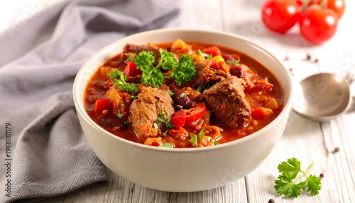 Bowl of hearty chili with beef, beans, and tomatoes, garnished with parsley