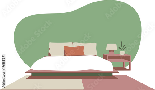 A modern bedroom with a minimalist bed and a green accent wall featuring a bedside table with a lamp and plant