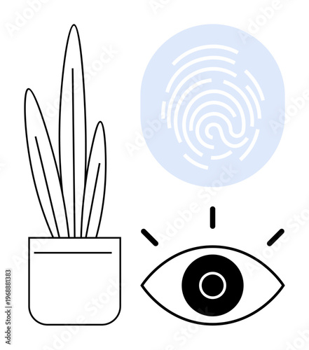 Identity verification, biometrics, data security, surveillance, privacy, nature integration. A fingerprint, an eye and a potted plant arranged in an abstract composition. Identity verification