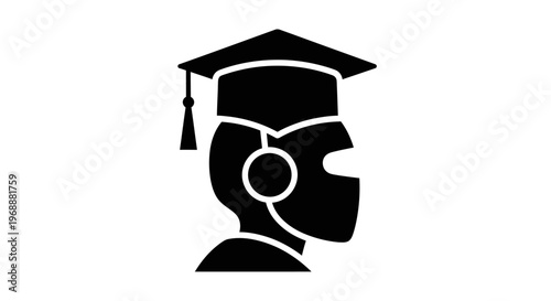 Robot head with graduation cap icon. Symbol of AI education, machine learning, automated tutoring, and the future of digital learning. Black minimalist silhouette isolated on white background.