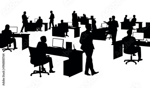 A group of business professionals working together in a modern office space with computers and desks.