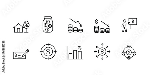 Risk management and security warning outline icon set featuring system alert gear, financial graph loss, business briefcase risk, calendar deadline, and emergency siren vector illustration