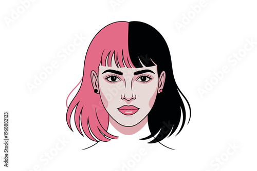 A woman with a unique hairstyle featuring pink and black hair