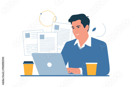 A man working on his laptop with papers and coffee cups on his desk in a busy office environment.