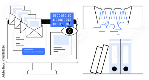 Data privacy, secure communication, cloud storage, digital organization, cybersecurity, information management. Computer showing emails, binary code folders and archival systems. Data privacy