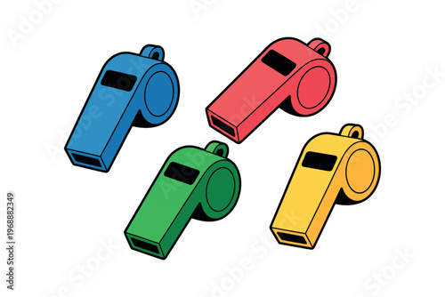 A colorful illustration of four whistles in different colors on a white background