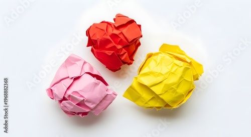 Colorful crumpled paper balls symbolizing discarded ideas, creative struggles, or the iterative process of problem-solving and brainstorming