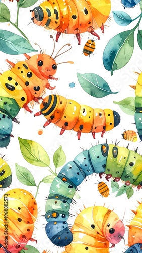 Whimsical watercolor depiction featuring vibrant, cartoonish caterpillars in a seamless pattern against a crisp white backdrop. Green leaves and bees