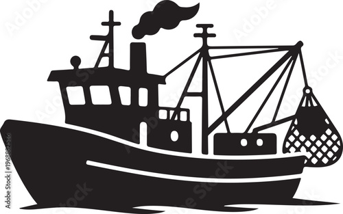 Fishing trawler icon in silhouette on white background.