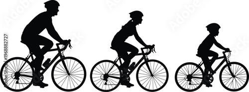Black silhouette of a family riding bicycles including father, mother, and child wearing helmets, isolated on white background vector.
