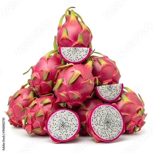 Fresh dragon fruit with slices on white background