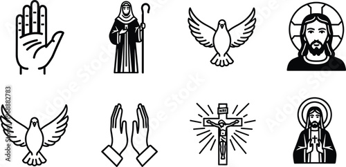 Christian vector icon set featuring Jesus Christ portraits, crucifix on cross, holy dove, praying hands, and religious saint with staff.