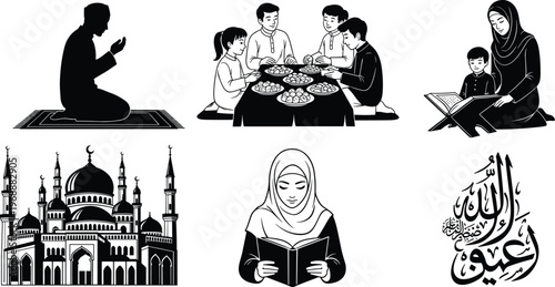Islamic vector icon set featuring Muslim family eating, man praying, woman reading Quran, mosque silhouette, and Arabic calligraphy for Ramadan