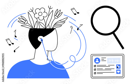 Headset-adorned human with flowers sprouting from their head, musical notes, magnifying glass, and user profile. Ideal for music, creativity, mindfulness, growth, search technology self-discovery