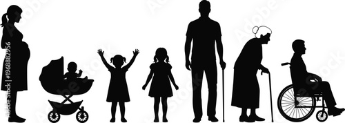 Vector silhouette set featuring diverse people including a pregnant woman, baby in stroller, children, elderly with canes, and wheelchair user