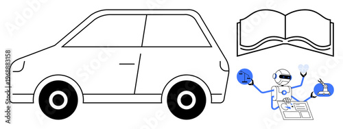 Transportation, education, AI tools, innovation, automation, future technologies. Outline of a car with an open book and a robotic figure multitasking with various tools. Innovation and automation