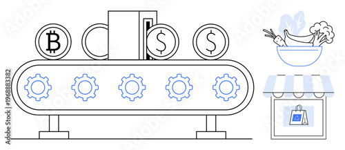 Cryptocurrency systems, ecommerce, food industries, automation, transactions, digital wallets. Coins on a conveyor belt, market bag food bowl. Cryptocurrency systems and ecommerce concepts
