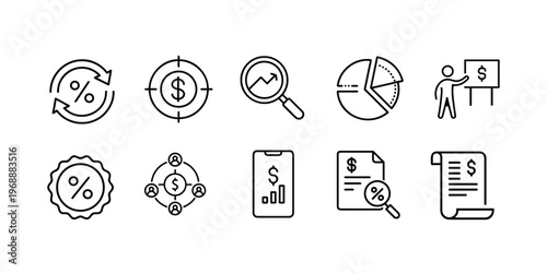 Business finance and investment outline icon set featuring money target, coin growth chart, financial presentation, percentage return, pie chart data, and audit vector illustration on stroke