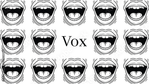 Stylized illustration of multiple open mouths shouting in a pattern with the word Vox in the center