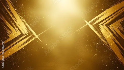 A radiant golden background features bold, abstract brush strokes and sparkling glitter converging to create an energetic and luxurious design
