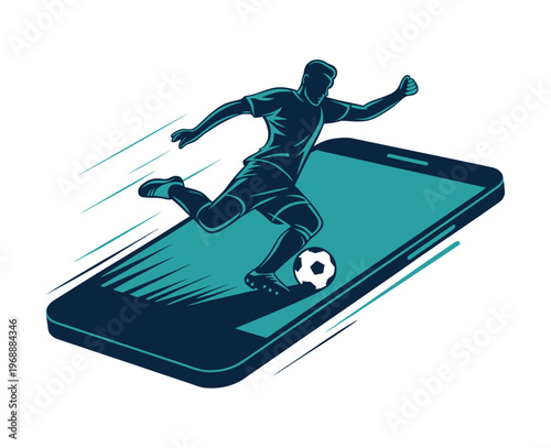 A soccer player kicks a ball on a smartphone screen with motion lines in the background.