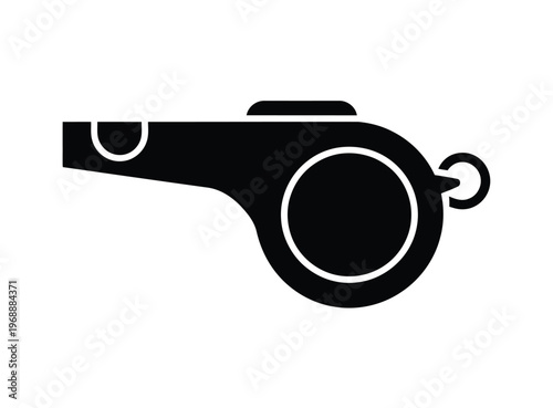 A black and white illustration of a referee whistle on a plain background