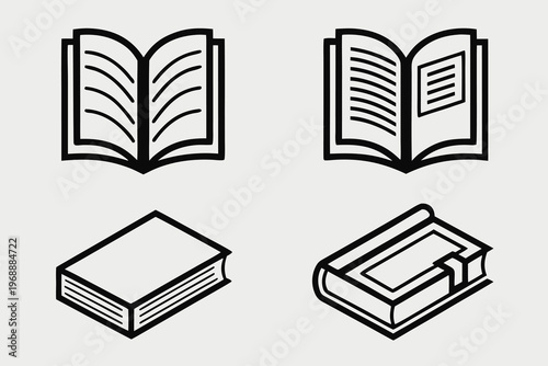 Four simple black and white line drawings of different book styles