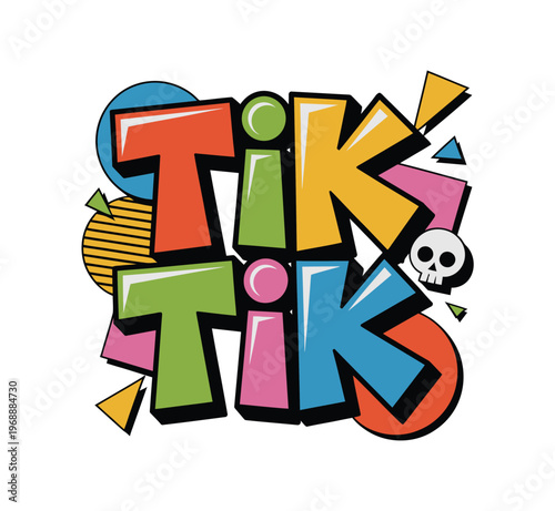 A colorful and playful logo for Tik Tik featuring bold typography and whimsical illustrations