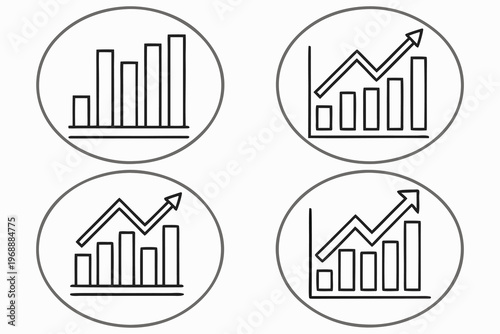 Four circular icons depicting various statistical graph trends in black lines
