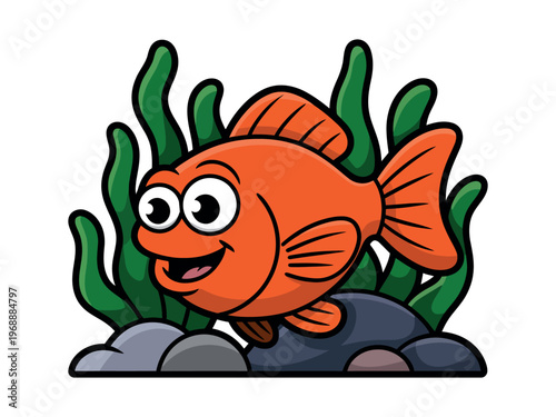 A cartoon orange fish swimming near green seaweed and rocks underwater