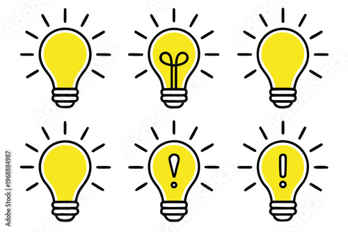 Six lightbulbs with varying internal symbols representing ideas and innovation
