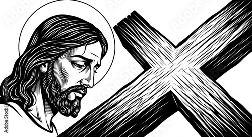 Solemn Jesus Christ Profile with Sacred Cross - Woodcut Style