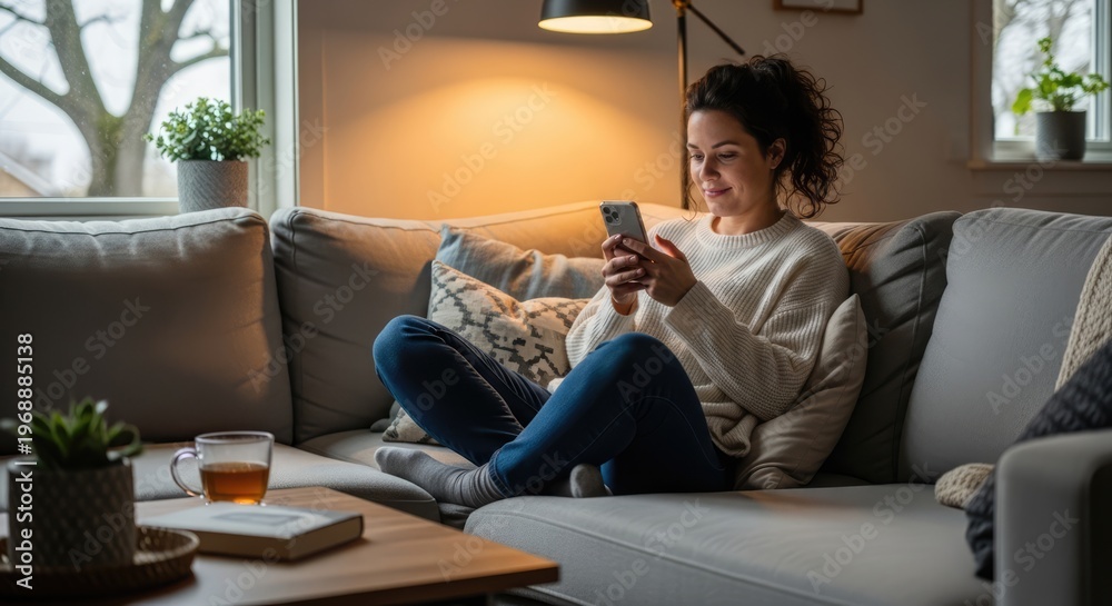 Fototapeta premium Woman relaxing at home using a smartphone on a sofa near a window