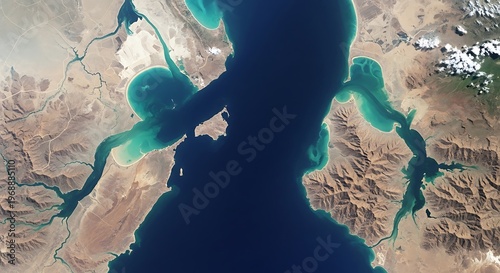 Stunning turquoise waters and rocky cliffs of the Persian Gulf, Iran.