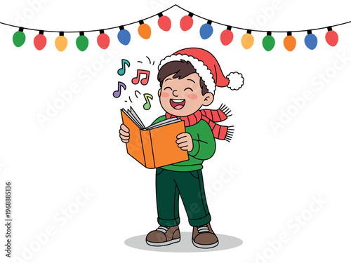 A cheerful cartoon boy wearing a Santa hat sings joyfully while reading a book under colorful Christmas lights.