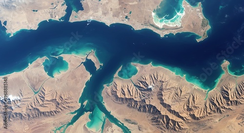 Stunning turquoise waters and rocky cliffs of the Persian Gulf, Iran.