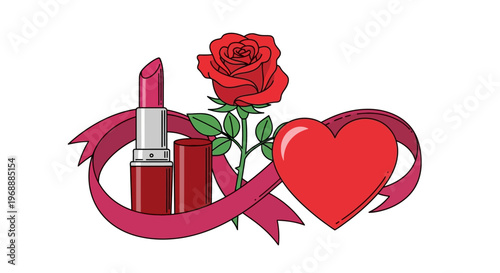 Lipstick and rose with heart symbol.
