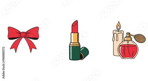 Red lipstick and beauty products.