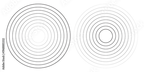 Black concentric circle set. Sonar or sound wave ring collection. Dotted and linear epicentre, target, radar icon concept. Ripple radial signal or vibration elements. Vector line and halftone symbols