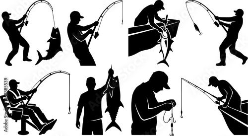 Deep Sea Fisherman Silhouettes Set for Big Game Angling and Sport