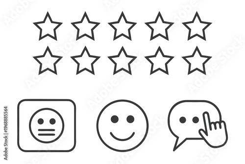 Five star rating with additional icons speech bubble smiley faces and square