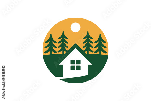 A logo featuring a house in a natural setting with trees and a moonlit sky
