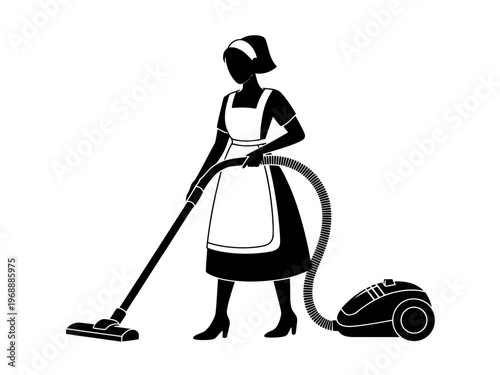 A maid in a uniform is vacuuming the floor with a cleaning device.