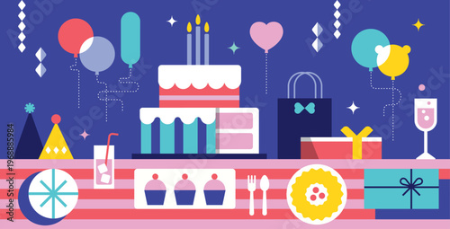 Happy birthday banner, poster and greeting design with cake, candle, balloon, gift, heart and drink in colorful flat geometric style on a dark blue festive party background.