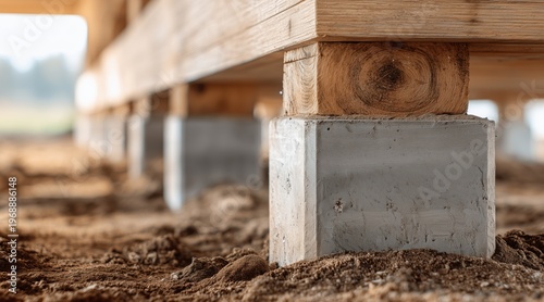 Wooden beam resting on concrete foundation block at construction site