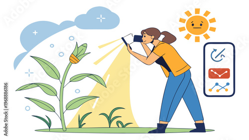 Photographer observing plant growth under changing weather conditions with sun and rain icons illustrating environmental monitoring and data collection