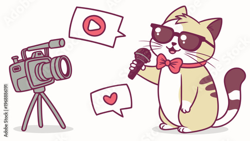 Cute cat wearing sunglasses recording video with camera and social media icons illustrating pet influencer content creation and online fame