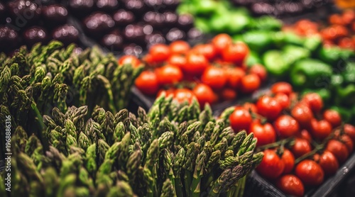 Close up of fresh asparagus and cherry tomatoes on display in grocery store