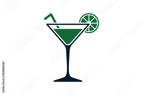 A stylized illustration of a green cocktail in a martini glass with a lime wedge and straw